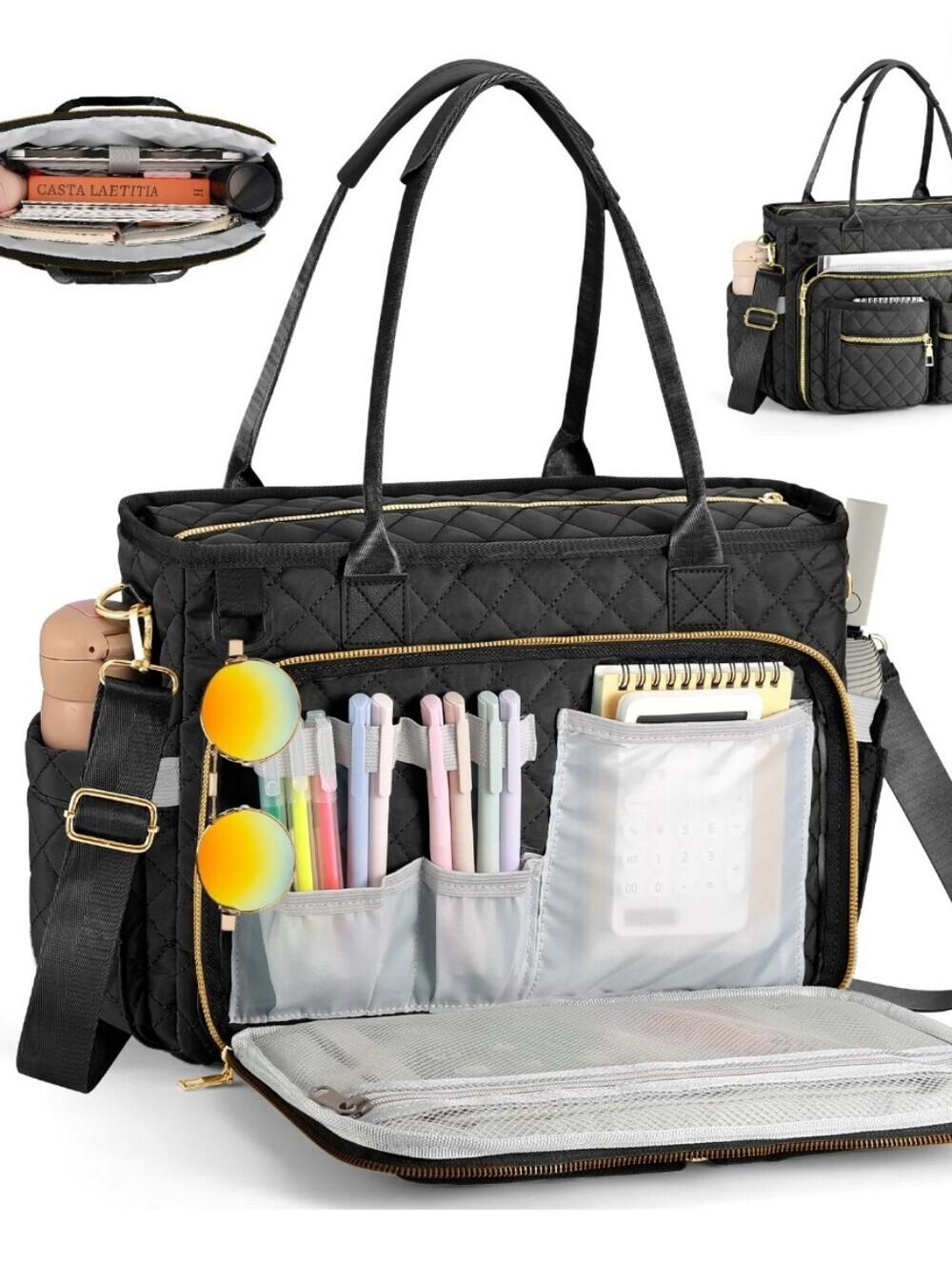 Quilted Black Multi-Pocket Tote Bag for Women - Picture 4 of 6